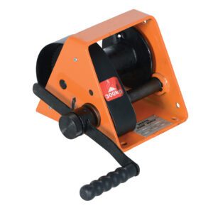 The Vestil Manual Hand Winch 600 lb capacity features a vibrant orange design and sturdy black handle, expertly crafted for lifting and reliable for various tasks.