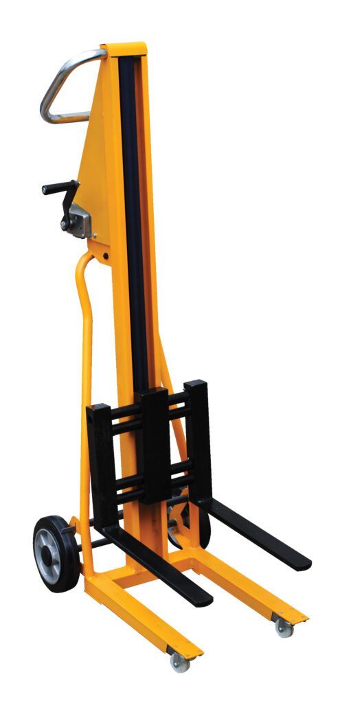 The Vestil Portable Mini Stacker 260 Lb Capacity offers a yellow manual hydraulic lift with black forks, two large rear wheels, two smaller front wheels, and a metal handle for smooth operation. Its designed for efficiency and ease while upright.