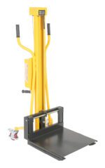 The Vestil Portable Hand Winch Lifter 330 Capacity, featuring a yellow frame and black platform, is designed for easy lifting and transport of materials. It includes two sturdy handles and a convenient lever for effortless operation.