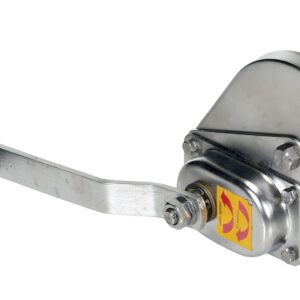 A manual boat trailer winch like the Vestil Stainless Steel Winch 1200 Lbs, with a black handle and metal body, includes a gear mechanism and two pulley wheels for rope or cable operation; a small sticker is visible on the side.