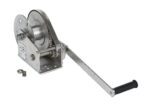 The Vestil Stainless Steel Winch 1800 Lbs features a long metal handle with a black grip and gear mechanism, plus a small nut, ideal for lifting or pulling heavy objects.
