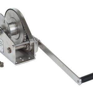 The Vestil Stainless Steel Winch 1800 Lbs features a long metal handle with a black grip and gear mechanism, plus a small nut, ideal for lifting or pulling heavy objects.