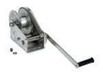 The Vestil Stainless Steel Winch 2600 Lbs offers a durable design with a black-handled crank and exposed gears, boasting a 2600 lb capacity. It includes a winding spool and two metal rings, set against a white background.