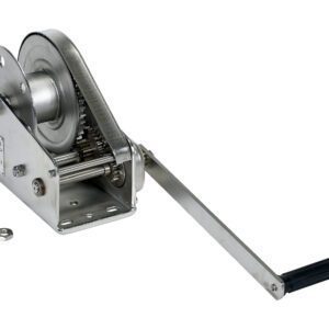 The Vestil Stainless Steel Winch 2600 Lbs offers a durable design with a black-handled crank and exposed gears, boasting a 2600 lb capacity. It includes a winding spool and two metal rings, set against a white background.