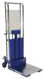 The Vestil Two Speed Foot Pump Hefti-Lift elevates this blue manual trolley with a flat platform and vertical back frame. It features wheels and a handle for easy transport, lifting loads from 4 to 59 and supporting up to 880 lbs for effortless movement of heavy items.