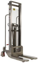 The Vestil Portable SS Hand Pump Hefti-Lift 48x74in is a sturdy stainless steel manual pallet stacker with chains, forks, and a red handle. It features wheels and informative labels, making it perfect for efficient material lifting and transport in industrial settings.