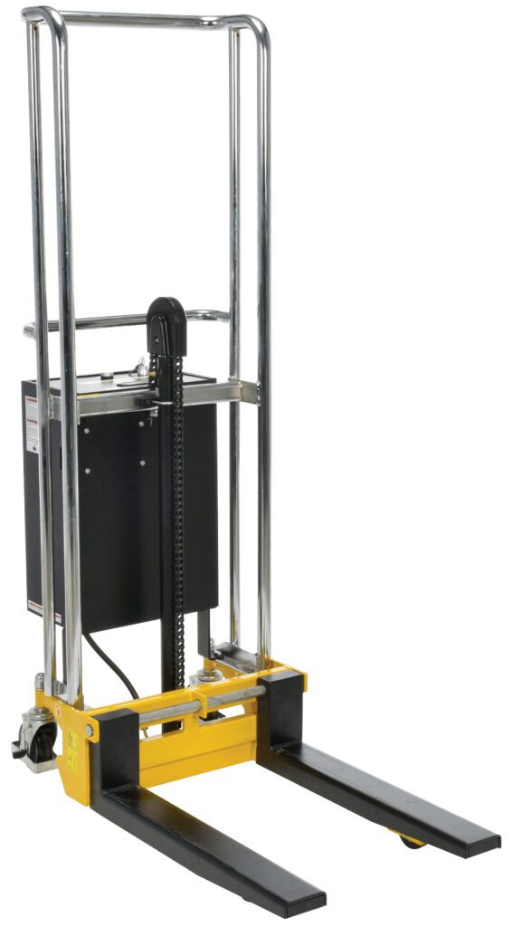 The Vestil Portable DC Power Hefti-Lift 37 x 69 in manual pallet stacker has a yellow base, black forks, and a metal frame with a chain and pulley system for lifting. Small wheels on the rear control unit provide easy mobility.