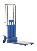 The Vestil Portable Foot Pump Hefti-Lift 57 x 69 In features a blue metal frame, dual handles, and black wheels. It includes a foot pedal for easy operation and a flat platform ideal for lifting and transporting pallets efficiently.