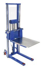 The Vestil Portable Foot Pump Hefti-Lift 51 X 80 In features a blue manual hydraulic design with a metal platform, chains, and wheels. Ideal for industrial or warehouse tasks, it offers a sturdy frame and adjustable height mechanism for efficient heavy lifting and moving.