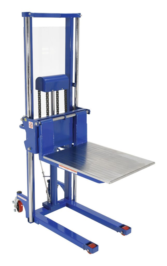 HYD-15_A.jpg The Vestil Portable Foot Pump Hefti-Lift 51 X 80 In features a blue manual hydraulic design with a metal platform, chains, and wheels. Ideal for industrial or warehouse tasks, it offers a sturdy frame and adjustable height mechanism for efficient heavy lifting and moving.