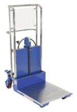 The image features a blue and silver Vestil Port Air Foot Pump Hefti-Lift 41 X 54 In with a hydraulic lift platform, ideal for moving heavy items. It has a lever, wheels, and an air foot pump for easy mobility in any setting.