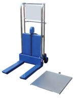 The Vestil Two Speed Foot Pump Hefti-Lift is a blue manual lift cart with dual prongs, back support, and a detachable metal platform. It lifts and transports items from 4 to 44 up to 880 lbs, featuring rear wheels for easy mobility.
