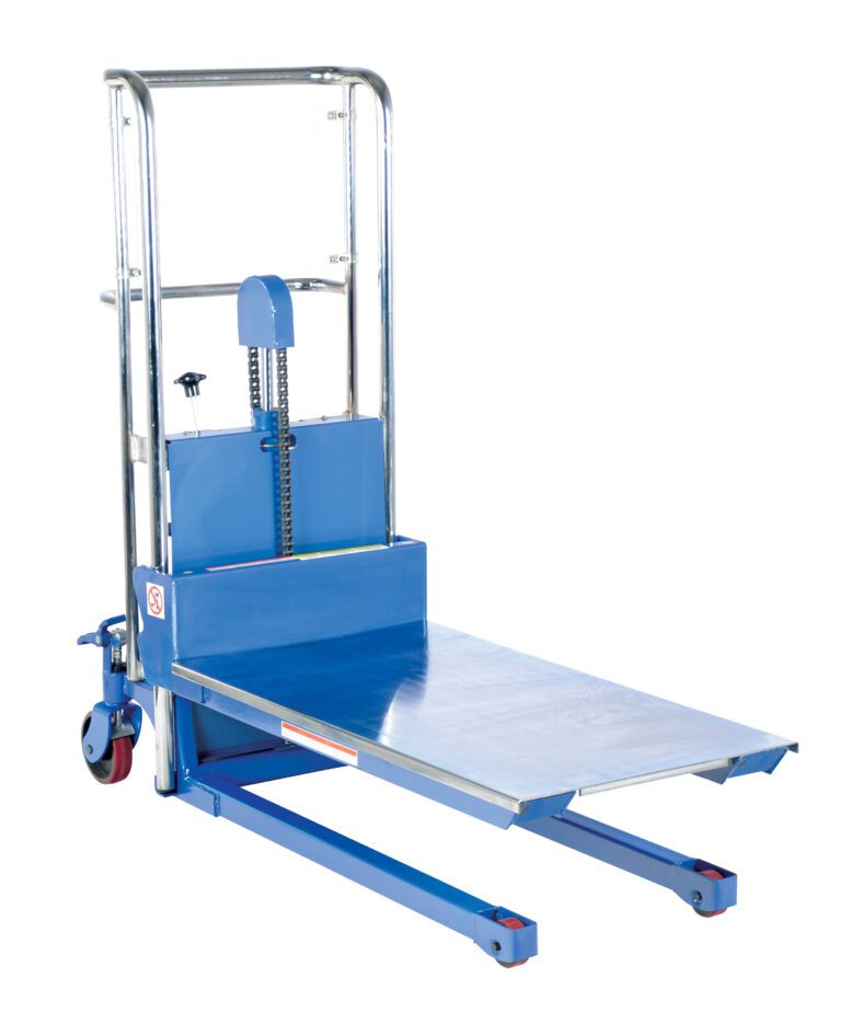 HYD-5-EP_A.jpg The Vestil Portable Foot Pump Hefti-Lift 60 X 54 In has a blue metal frame and platform, ideal for industrial lifting and transporting. It features wheels and a handle for manual use, ensuring stability with its wide base.