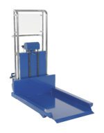 The Vestil Low Profile Hefti-Lift 64X59 has a blue platform, sturdy metal frame, and two vertical support bars. Its inclined surface and wheels offer easy mobility, making it ideal for efficient material handling.