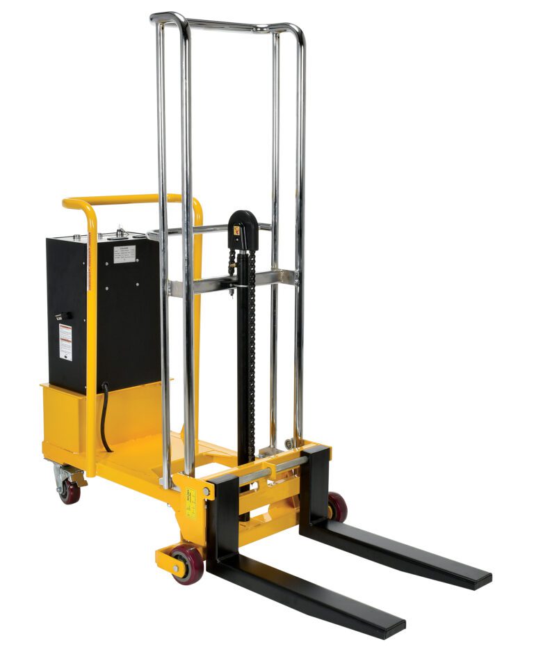 A yellow Vestil Counter-Balanced Hefti Lift pallet jack is displayed, featuring black forks, a black control box, red wheels, a vertical handle, and a metal guard frame—ideal for lifting and moving pallets efficiently in warehouses or storage areas.