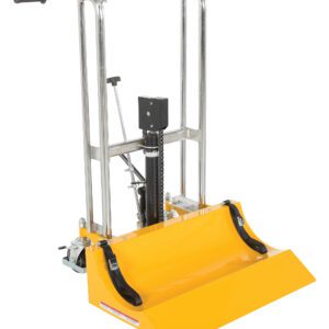 The Vestil Roll Lifter Transporter 16 is a yellow manual tile remover with a sturdy steel frame, adjustable handlebar, and front blade for scraping tiles. It includes a hydraulic mechanism and black safety straps for secure operation.