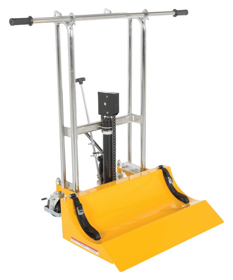 HYD-ROLL-16_A.jpg The Vestil Roll Lifter Transporter 16 is a yellow manual tile remover with a sturdy steel frame, adjustable handlebar, and front blade for scraping tiles. It includes a hydraulic mechanism and black safety straps for secure operation.