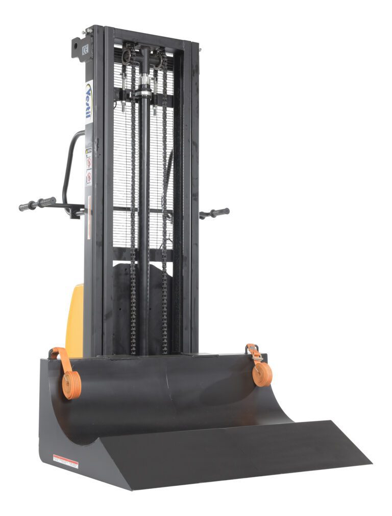 The Vestil Roll Lifter Transporter 47 12Vdc is an industrial forklift with a wide, flat blade for efficient material handling. It features dual-handled controls and comes in a distinctive black and yellow color scheme.