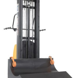 The Vestil Roll Lifter Transporter 47 12Vdc is an industrial forklift with a wide, flat blade for efficient material handling. It features dual-handled controls and comes in a distinctive black and yellow color scheme.