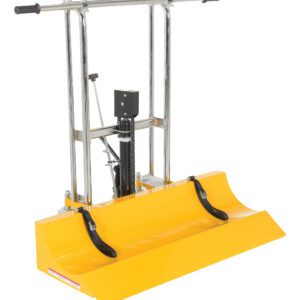 A yellow industrial snow plow attachment with a sturdy metal frame, hydraulic mechanism, and black handles features a low-profile design for efficient snow clearing on vehicles or machines, similar to the versatile Vestil Roll Lifter Transporter 47 Low Profile.