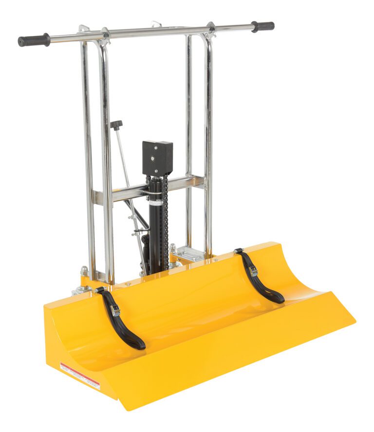 A yellow industrial snow plow attachment with a sturdy metal frame, hydraulic mechanism, and black handles features a low-profile design for efficient snow clearing on vehicles or machines, similar to the versatile Vestil Roll Lifter Transporter 47 Low Profile.