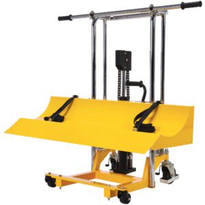 The Vestil Roll Lifter Transporter 47 is yellow with wheels, metal handles, and a hydraulic system. Its ideal for holding engines or heavy car parts, featuring a wide adjustable platform with straps for secure handling.