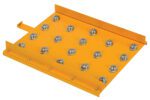 A yellow metal panel with raised edges features a grid of evenly spaced metallic ball transfer units, similar to the Vestil Hefti-Lift Attach Ball Trans Platform, designed for moving heavy objects effortlessly in all directions.