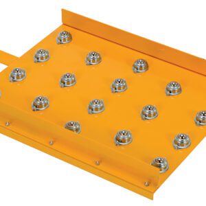 A yellow metal panel with raised edges features a grid of evenly spaced metallic ball transfer units, similar to the Vestil Hefti-Lift Attach Ball Trans Platform, designed for moving heavy objects effortlessly in all directions.