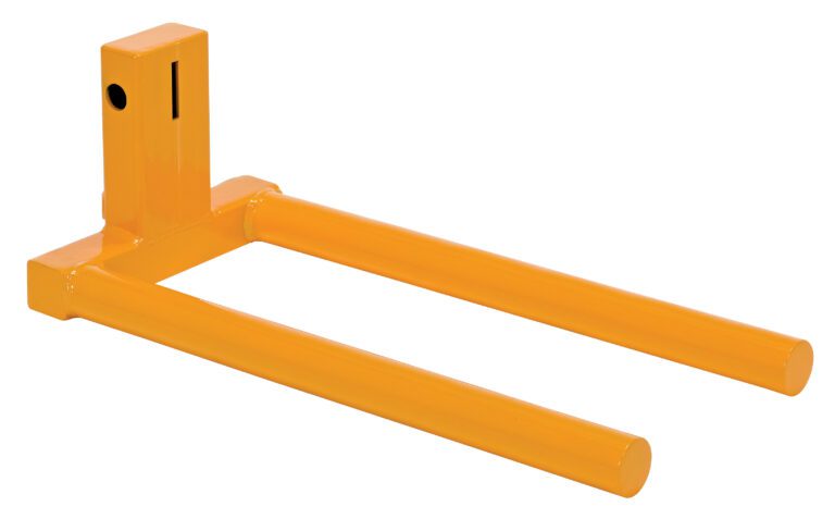 The Vestil Hefti-Lift Attachment Double Spindle is a yellow fork for a trailer hitch with two parallel cylindrical prongs and a vertical connector featuring a securing hole, ideal for efficiently holding or lifting objects.