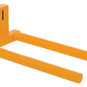 The Vestil Hefti-Lift Attachment Double Spindle is a yellow fork for a trailer hitch with two parallel cylindrical prongs and a vertical connector featuring a securing hole, ideal for efficiently holding or lifting objects.