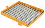 The Vestil Hefti-Lift Attach Roller Platform, with its nine cylindrical metallic rollers encased in an orange frame, is expertly designed for moving items smoothly on flat surfaces, making it ideal for industrial use.