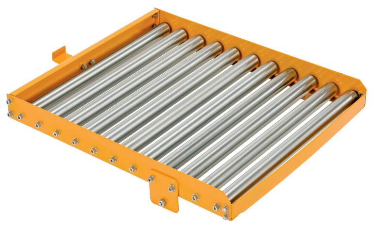 The Vestil Hefti-Lift Attach Roller Platform, with its nine cylindrical metallic rollers encased in an orange frame, is expertly designed for moving items smoothly on flat surfaces, making it ideal for industrial use.