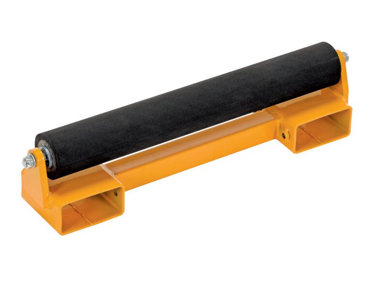 The Vestil Hefti-Lift Attach Rubber Roller boasts an orange stand with a black cylindrical roller on top. Its durable metal base has two rectangular slots on each side, ideal for mounting or enhancing stability.