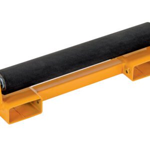 The Vestil Hefti-Lift Attach Rubber Roller boasts an orange stand with a black cylindrical roller on top. Its durable metal base has two rectangular slots on each side, ideal for mounting or enhancing stability.