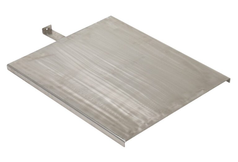 The rectangular Vestil Hefti-Lift Attach Ss Platform is a sleek, silver metal panel with a small bracket on one side, featuring a smooth and reflective surface for an elegant touch.