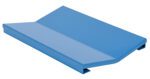 The blue, rectangular metal sheet with raised edges resembles a ramp or cover and functions as the Vestil Hefti-Lift Attachment V Block. Its smooth, shiny surface highlights a polished finish against the plain white background, emphasizing its clean design.