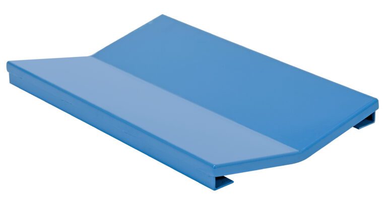 The blue, rectangular metal sheet with raised edges resembles a ramp or cover and functions as the Vestil Hefti-Lift Attachment V Block. Its smooth, shiny surface highlights a polished finish against the plain white background, emphasizing its clean design.
