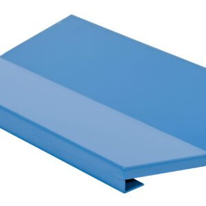 The blue, rectangular metal sheet with raised edges resembles a ramp or cover and functions as the Vestil Hefti-Lift Attachment V Block. Its smooth, shiny surface highlights a polished finish against the plain white background, emphasizing its clean design.
