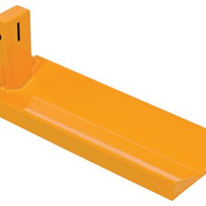 Vestil Hefti-Lift Attachment V-Shape Fork in yellow metal on a white background, showcasing its V-shape design with a rectangular base, vertical section, and securing hole.