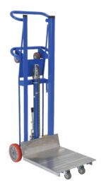 The Vestil Hydra Lift Cart 750 Lb Cap 20 x 21.37 has a hydraulic system for effortless lifting. This blue/silver hand truck with red wheels can handle up to 750 lbs, featuring a platform size of 20 x 21.37 inches for easy transport of items.