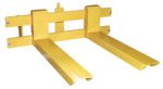 The yellow forklift clamp attachment, featuring two parallel arms and a backplate, securely lifts loads with its sturdy metal build and bolts. It pairs perfectly with the Vestil Hydra Lift Cart Option-18 In Forks, making it ideal for industrial use.
