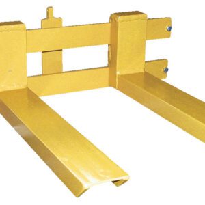 The yellow forklift clamp attachment, featuring two parallel arms and a backplate, securely lifts loads with its sturdy metal build and bolts. It pairs perfectly with the Vestil Hydra Lift Cart Option-18 In Forks, making it ideal for industrial use.