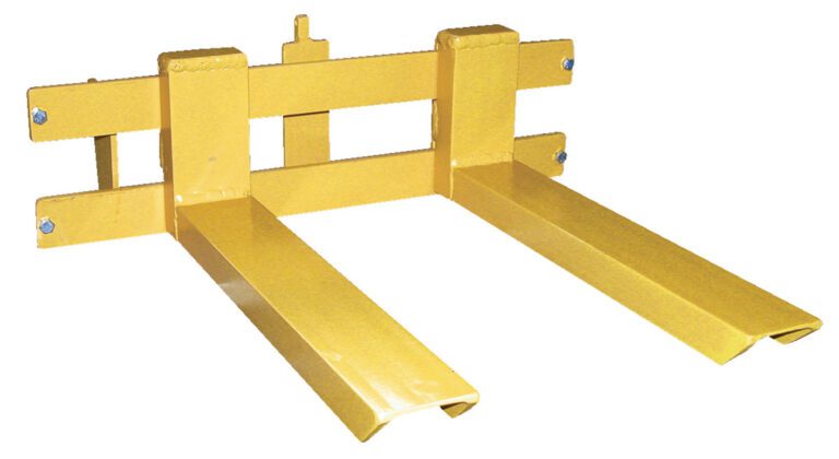 The yellow forklift clamp attachment, featuring two parallel arms and a backplate, securely lifts loads with its sturdy metal build and bolts. It pairs perfectly with the Vestil Hydra Lift Cart Option-18 In Forks, making it ideal for industrial use.