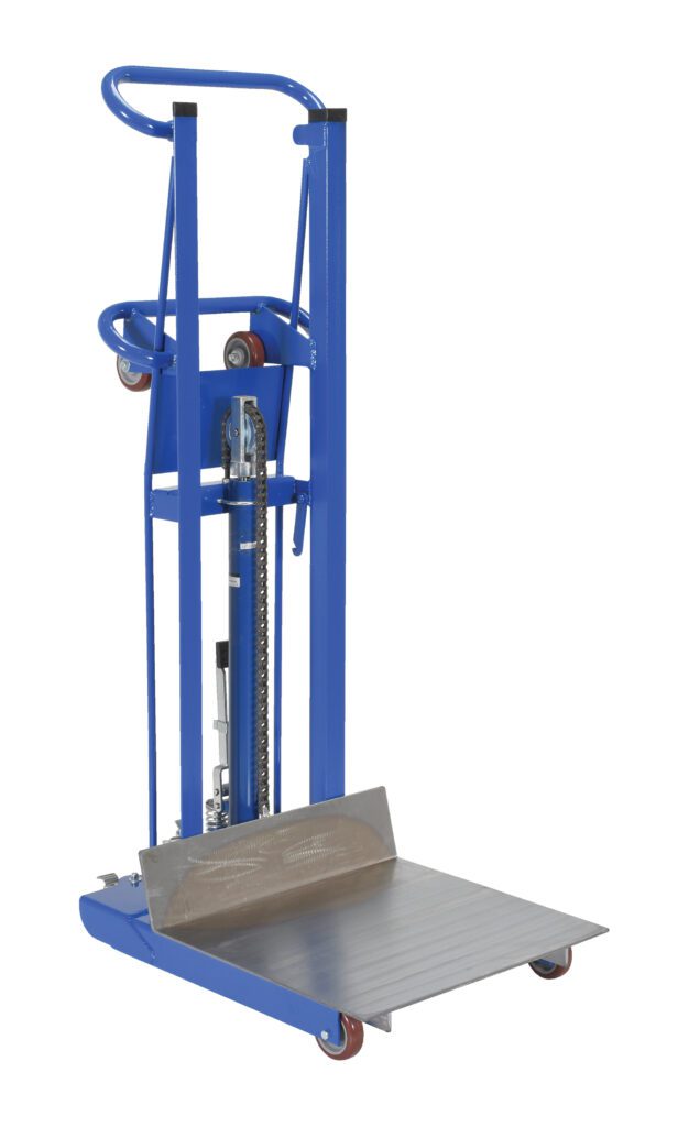 HYDRA-HD_A.jpg The Vestil Hydra Lift Cart Heavy Duty 1K 24 X 21.37 showcases a striking blue design, sturdy metal platform, red wheels, and a vertical frame with a hydraulic mechanism for efficient lifting.