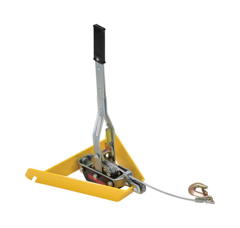 The Vestil Hydra Lift Cart Option-Winch & Hook, in yellow and silver, has a triangular base and a cable-attached metal hook. Its long handle with a black grip is ideal for easily pulling or lifting heavy loads.
