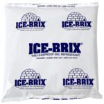 The image features a 12 oz. Leakproof Gel Refrigerant Ice-Brix® Cold Pack, measuring 6 x 5 3/4 x 1. Its reusable, colder than ice, and non-toxic, with blue igloo graphics on a white background. Available in cases of 24 for convenience.