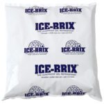 The 6 1/4 x 6 x 1 Ice-Brix® Cold Packs, weighing 16 oz., have blue ICE-BRIX text and ice igloo graphics. They are leakproof, reusable, safe, and non-toxic. Available in cases of 18.
