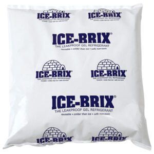 The 6 1/4 x 6 x 1 Ice-Brix® Cold Packs, weighing 16 oz., have blue ICE-BRIX text and ice igloo graphics. They are leakproof, reusable, safe, and non-toxic. Available in cases of 18.