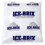 The Ice-Brix® Cold Packs, 8 x 8 x 1 1/2, are white with blue text and igloo graphics. They offer leakproof, reusable packaging with superior cold retention, safety, and non-toxicity, making them ideal for all cooling needs.