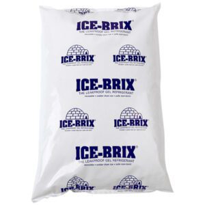 The Ice-Brix® Cold Pack, sized 10 x 6 x 1½ and weighing 32 oz., features a white design with blue logos and an igloo motif. It includes the phrase The Leakproof Gel Refrigerant and comes in cases of nine.